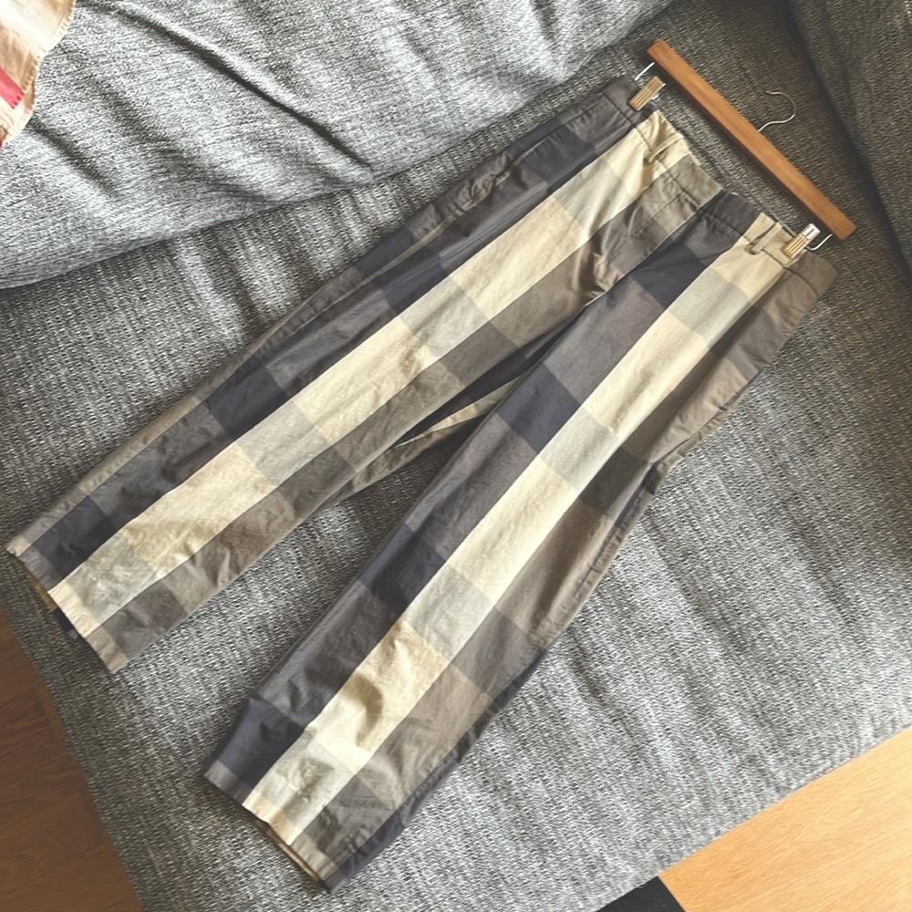 Theory check pants silk cotton blend tan / brown checkered
